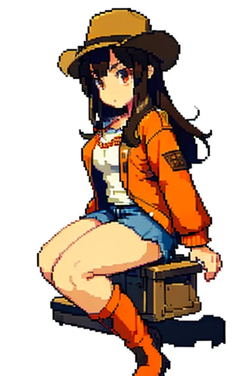 1 female, brown long anime hair, huge breast, teenage girl, brown eyes, thick eyebrows, cowgirl clothes, cowboy hat, jean short, jacket, boots, house, thick ass, bedroom, sitting down