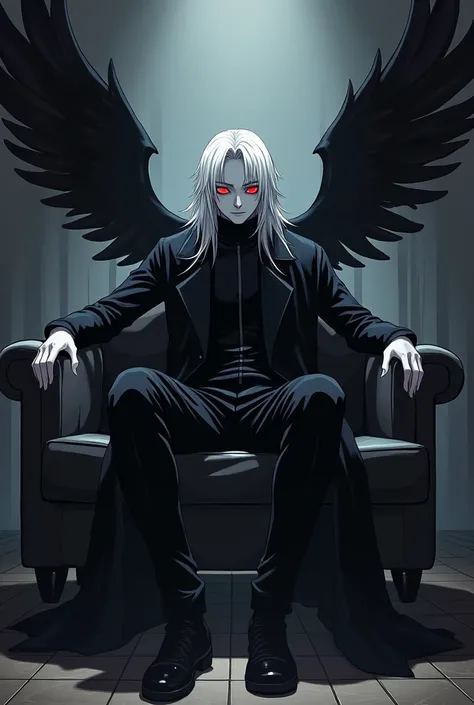 A 20-year-old male character, measuring 2,00 meters, slightly long white hair, having red eyes that conveyed seriousness and madness, White skin, , wearing a black high-necked coat, long black pants and black shoes, having black wings,  sitting on the couc...