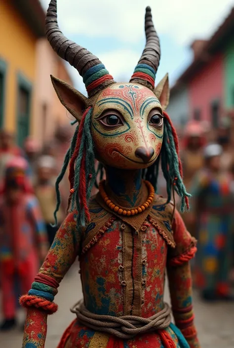 The pujillay is a rag doll with a mask and horns, painted and tattered And is in a carnival dig

