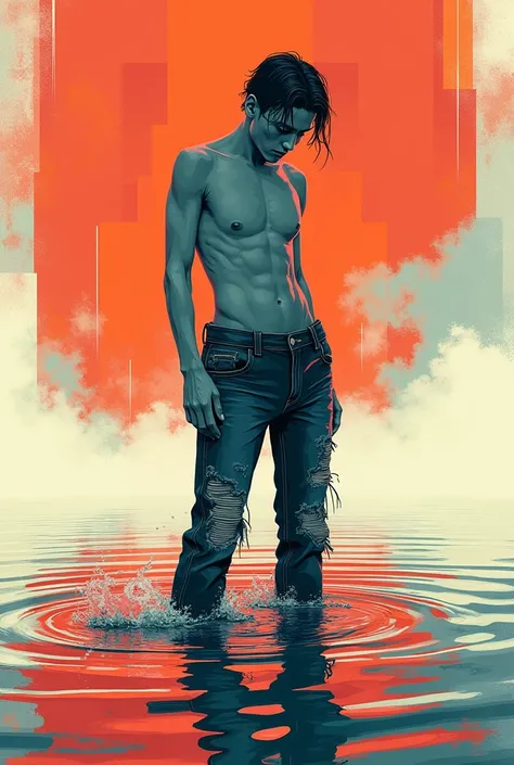 line art, pop-art, masterpiece illustration, abstract, soaking wet torn and tattered jeans, experiences sexual tension, standing in water, fetishistic session,