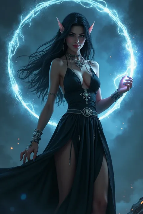 An elf femme fatale sorceress smirking while she is casting a glowing magical rune spell, digital art, low angle, long black hair, cinematic lighting, looking at viewer, large breasts, revealing slit dress, high heels, intricate details, silver jewelry, ne...