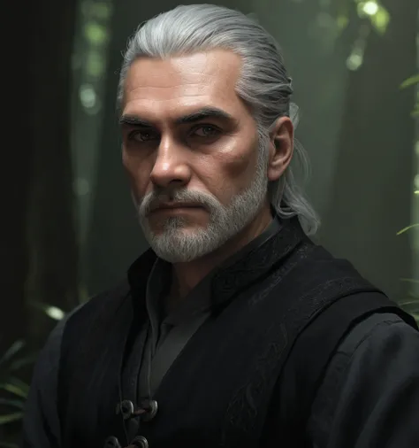 arafed image of a man with a beard and a black vest, old jedi master, portrait of geralt of rivia, dark grey haired man, painted character portrait, portrait of a mage, portrait of a dnd character, inspired by Rajmund Kanelba, dnd portrait, a character por...