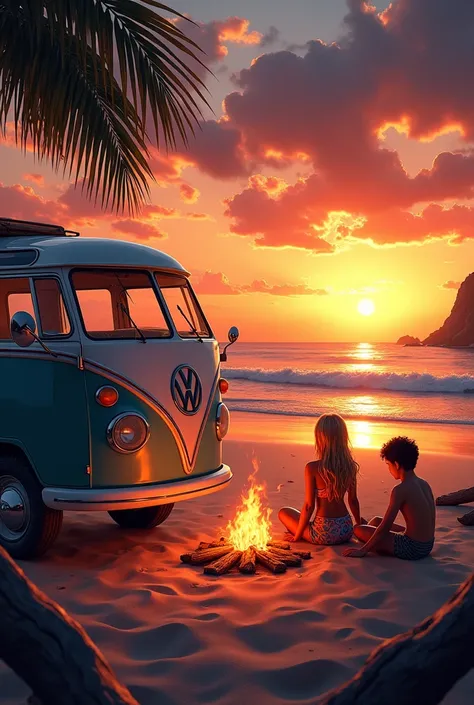 Photo of a Kombi on the beach with the sun setting, a blonde girl in a bikini and a dark-haired boy sitting near a campfire 