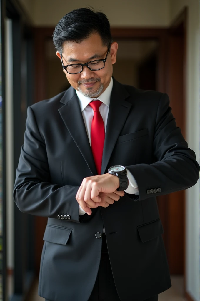 high sharpness photo, a 40 year old Indonesian man, medium body size, neat straight hair, wearing a black suit, red tie, glasses, a little beard, is putting on his watch and looking at it