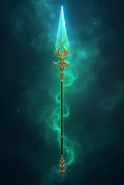 Long green and blue spear with gold edges on a galaxy background