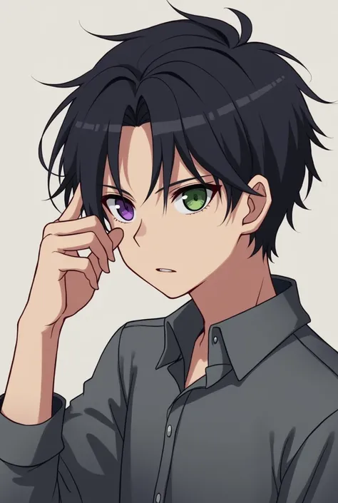 an anime-style guy with one purple eye and the other green, looking straight ahead, with one hand on his head as if he was thinking,