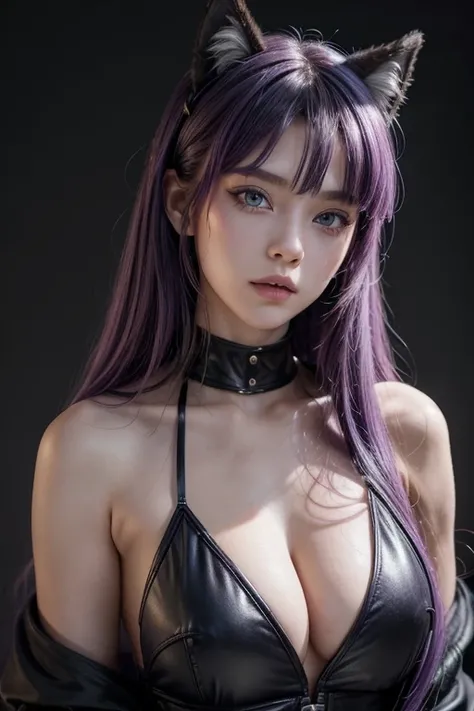 Young and sexy werewolf, with purple hair, blue eyes, dressed in black kunoichi-style clothing and wolf ears