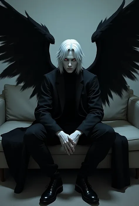 An old man, young and athletic, 20 years old, measuring 2,00 meters, slightly long white hair, having red eyes that conveyed seriousness and madness, White skin, , wearing a black high-necked coat, long black pants and black shoes, having black wings,  sit...