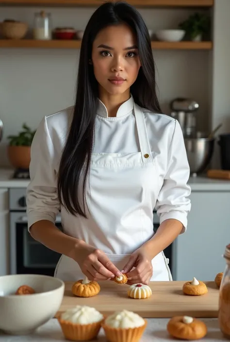 A white Brazilian woman with straight black hair is a confectioner 