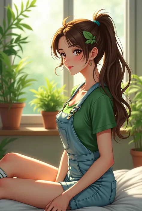  cute young good-bodied realistic woman on a bed looking at her plants from the window with brown hair tied in a ponytail with a leaf clip with brown eyes wearing a tight light blue overalls with a short-sleeved green wool sweater with white socks with gre...