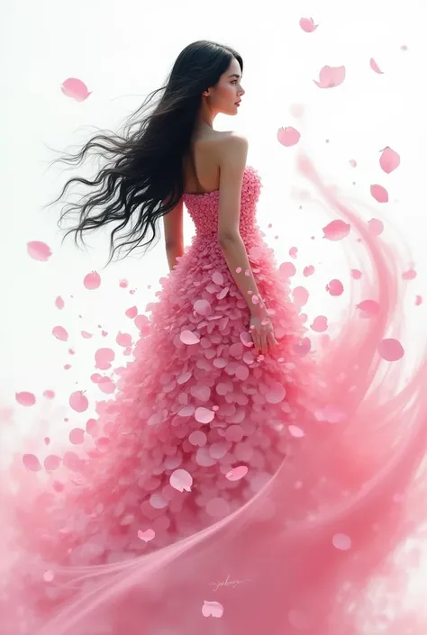 An extraordinary digital painting showing a beautiful young woman with smooth white skin, well-groomed face, long black hair flowing down stylishly, decorated with a charming long dress, covered chest, entirely made of soft pink rose petals. The wind, with...