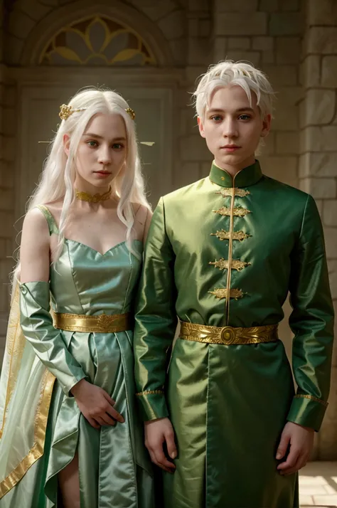 create two children, a boy and a girl with white, pale hair and fair skin, dressed in green with golden details together with white hair and fair skin, royal attire green with gold, the two together in the castle of House Targaryen 