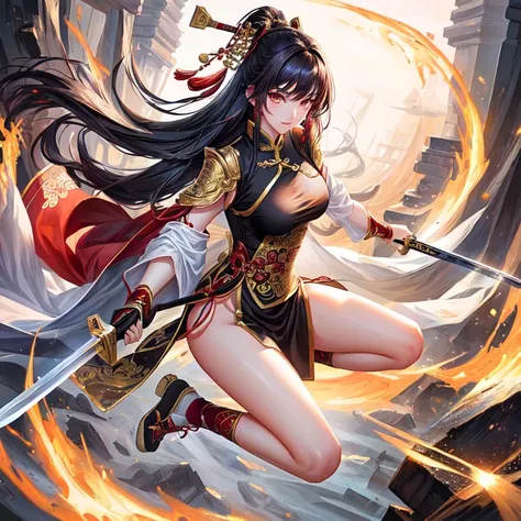 china painting style, hot ancient girl, nice body, full body portrait, sword-girl warrior