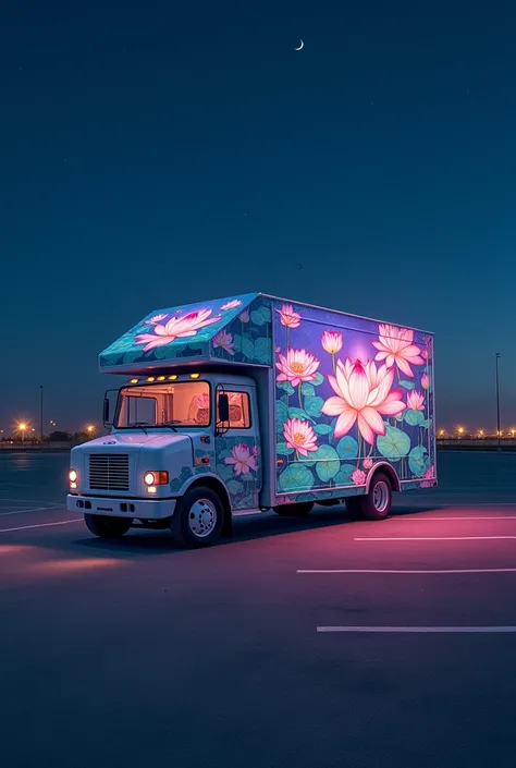 Art truck, a pond with many lotus flowers painted on the car body, Japan art truck, beautiful lotus flowers, vast parking lot, in the middle of the night, the illumination of the truck is shining, beautiful illumination, lotus flowers glow,