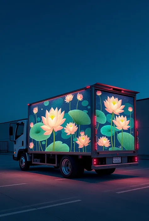 Art truck, a pond with many lotus flowers painted on the car body, Japan art truck, beautiful lotus flowers, vast parking lot, in the middle of the night, the illumination of the truck is shining, beautiful illumination, lotus flowers glow,