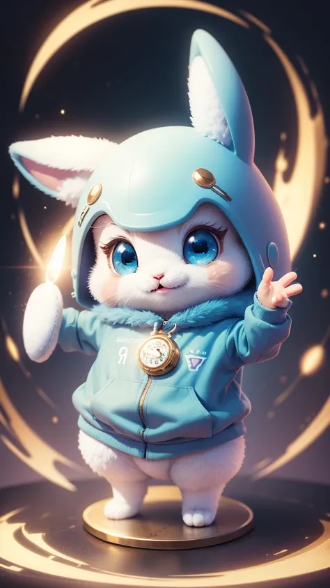 Cute anthropomorphic bunny baby，number art，Furry fur，eyes with brightness，white rabbit, light blue eyes, laughing, lovely smile, holding gold metalic clock, Trend Art Station，16Kghibli style，pixar-style，hyper qualit，octaneratingrendering，beautiful illumina...