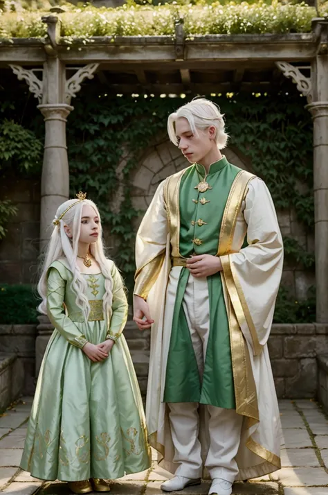 create two children, a boy and a girl with white, pale hair and fair skin, dressed in green with golden details together with white hair and fair skin, royal attire green like gold, the two together in the garden of the castle of House Targaryen 