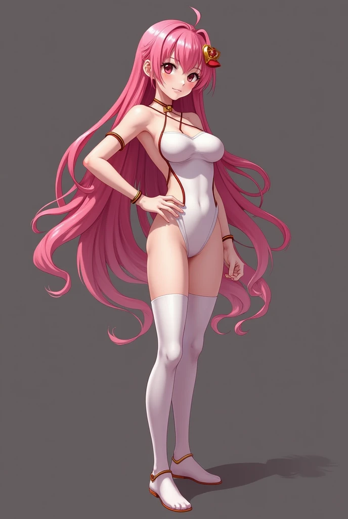 best quality, masterpiece, realistic, photorealistic, 1girl, solo, looking at viewer, full body, standing, long hair, chibiusa cosplay costume, cosplay, plugsuit, bodysuit, hair ornament, no background, 