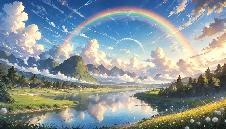 ((Astonishingly)),(masterpiece:1.2),超High resolution, Attention to detail, high quality, High resolution, 最high quality, 4K, 8k、very beautiful、landscape画、A rainbow appears、Dandelion flying,rainbow ,river