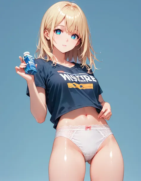 score_9, score_8_superior, score_7_superior,sauce_anime, High-resolution images,masterpiece,Highest quality,girl,Cute Face,Beautiful Skin,Shiny Hair,Highly detailed eyes,Simple Background, Jojipan, Panties Blonde Short 