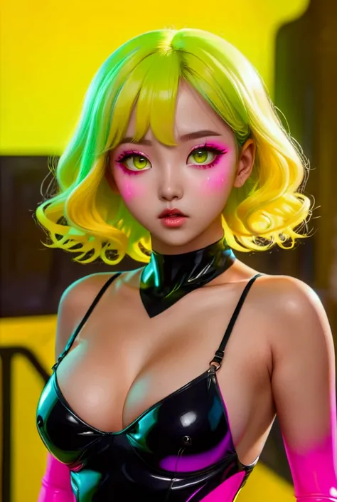 Realistic、1girl、pink hair、big green eyes, ulzzang、open stance,(middle hair),(eye focus:1.3,upper body),(gradient eyes:1.3),(enamel body suit:1.3)、(clear face:1.3),cute face,(huge breasts),(cleavage), (neon yellow background:1.5)
