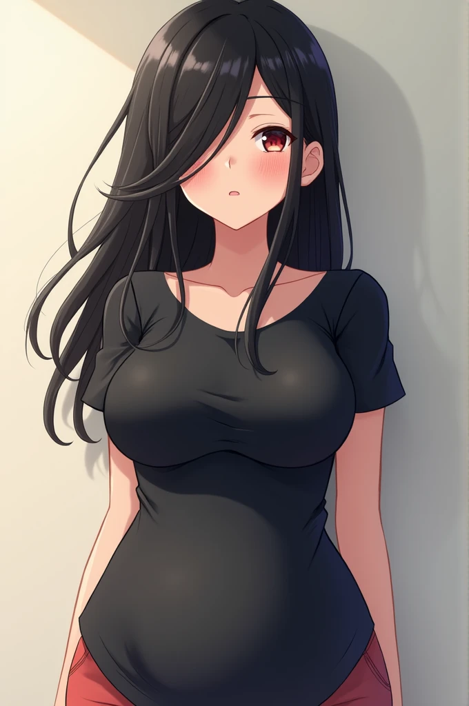 anime girl, with very big breasts, black t-shirt, cute face blushing with shyness, sweating, long black hair covering one eye of hers