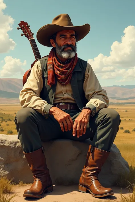 Gaucho with boots, already with the scarf undone, wearing a hat and with a guitar tied behind (Santos Vega Argentine legend)