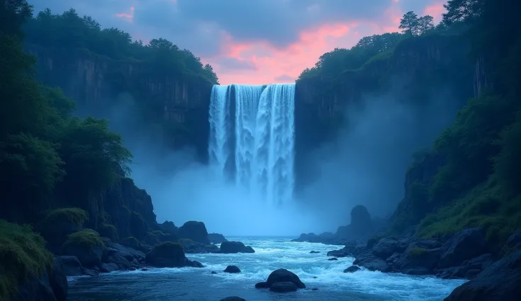 A viral social media image about "lofi music with huge waterfall vibes" featuring a massive, tranquil waterfall cascading through lush green cliffs, at night, no stone int he river
