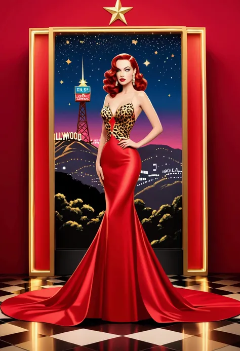 create a panel with a bright red background with gold or glitter details, adding a leopard print pattern with an extra touch of glamour reminiscent of Jessica Rabbit silhouettes.with her bright red dress and red hair. add a three-dimensional touch to the d...