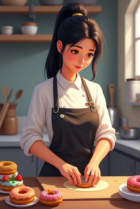 Drawing of young white Brazilian woman with straight black hair in uniform making colorful mini Donuts as a confectioner
