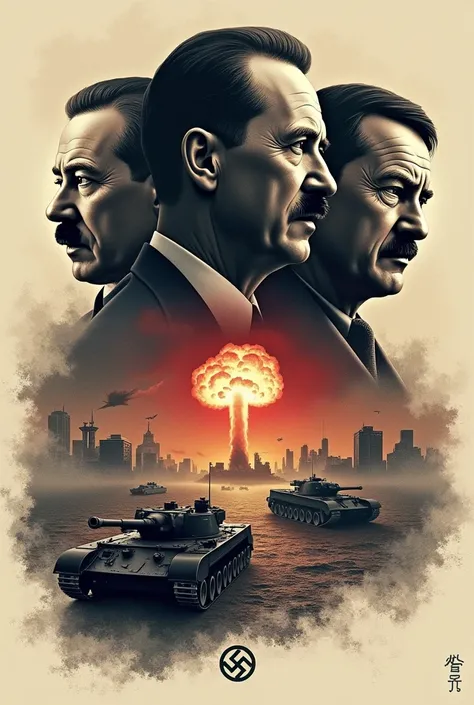 Create a WWII Hitler T-Shirt Design, Stalin, Churchill, their faces in profile in the background, with images of the atomic bomb, kamikases, Holocaust memories, Army Soldiers, Tanks and defeated Nazi This print combines a historical look ideal for a t-shir...