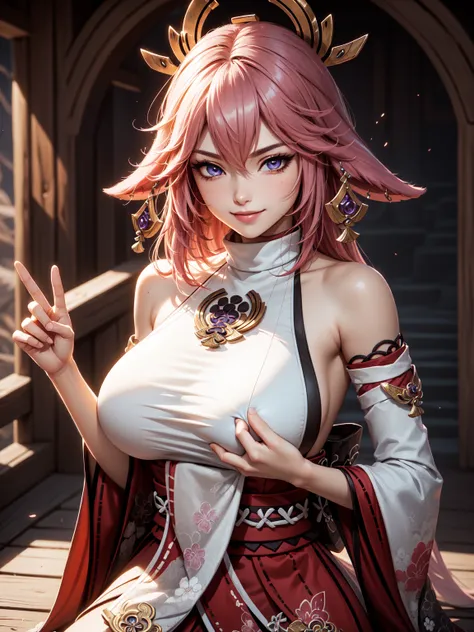 grasping and squeezing breasts,((masterpiece)),(bestquality),((ultra-detailed)), (beautiful detailed face), depth of field,detailed,((beautiful detailed eyes)), (fantasy art:1.5), ((yaemikodef)), cowboy shot, (armpits pose:1.2), body goals, perfect body, o...