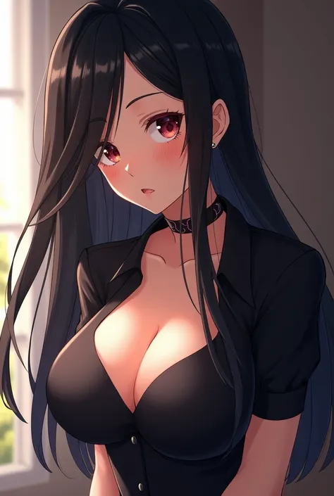 anime girl, with very huge breasts, black blouse, beautiful face,  blushing with shyness and a little excited, sweating, long black hair covering one eye of hers