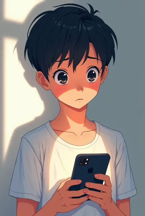 Generates an anime-style image of a light-skinned boy with short hair combed forward and looking at his cell phone with unanswered messages and calls from a girl 