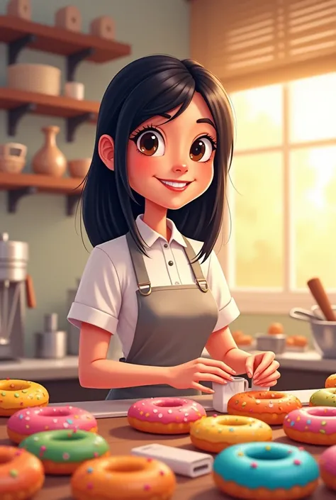 Cartoon of young white Brazilian woman with straight black hair in uniform making colorful mini Donuts as a confectioner
