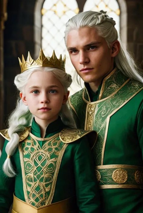 create two children, a boy and a girl with white hair and fair skin, dressed in green with golden details, together with white hair and fair skin, royal attire green like gold, in the castle of House Targaryen 