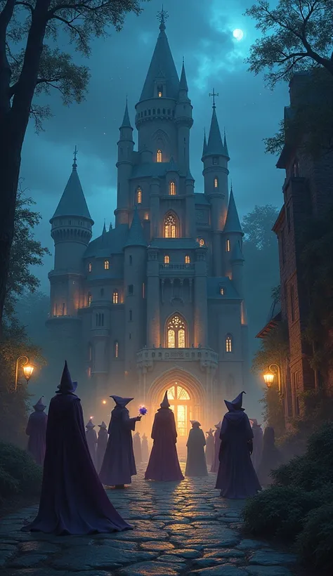 Magic castle with several wizards and witches in front, It&#39;s night in the picture