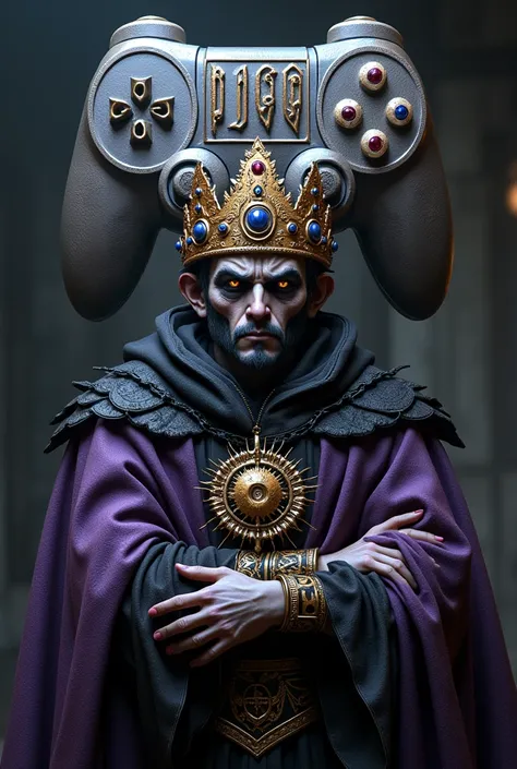 main character: A bizarre king. He has an exotic and extravagant appearance, perhaps with a long, flowing cloak in deep colors, like purple and black. His face is adorned with a strange and elaborate crown., full of Byzantine details and perhaps some unusu...