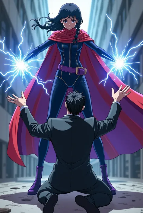 An adult man with black hair, a black suit, and pale skin lying on the ground on his knees while a teenage girl with dark skin with two braids dressed in a red cape and a black suit with purple touches electrocutes him anime style