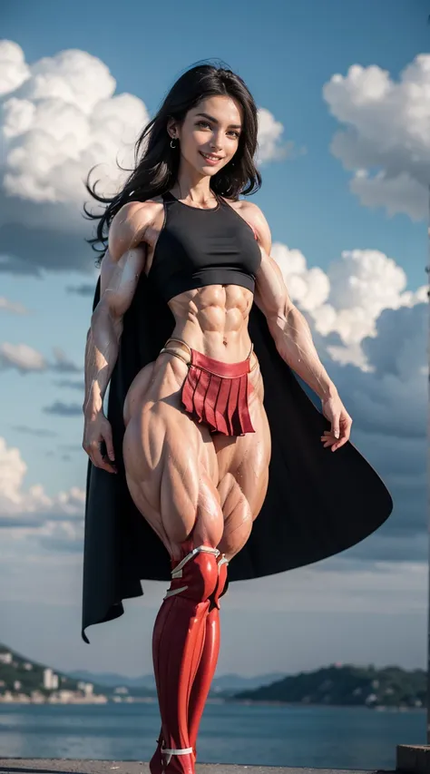 (Muscular:2.2), (thick thighs:2.2),
(latina female:1.3), (supergirl), (big smile:1.4), (long black hair, parted hair),
earrings, lipstick, eyeshadow,
hard nipples,
(small cape:1.3), (pleated skirt:1.4), (blue tanktop, midriff:1.2),
(looking at viewer:1.6),...