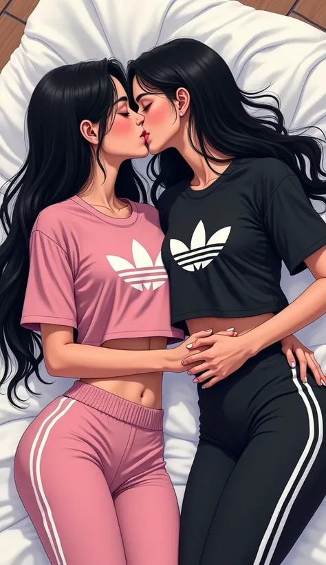 Two young womens, long black hairs, yuri, lesbian.

The first young women wear a rose pink adidas shirt Adicolor Classics White three Stripes, Rose Pink Adidas Essentials White three Stripes Long Pants, black underpants, white socks.

The second young wome...