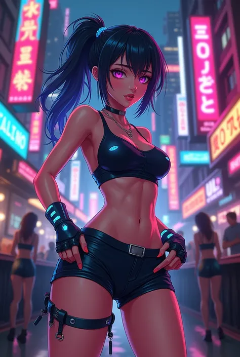 Woman, anime cyberpub wearing short shorts and tank top 
