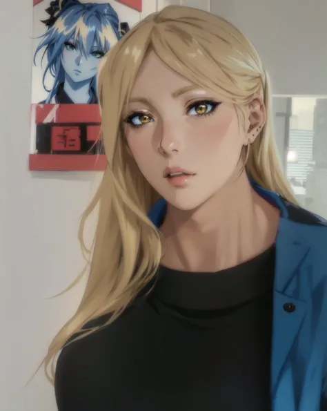 blond woman with blue jacket and black shirt posing for a picture, full face shot of rimuru tempest, close up bust shot, bust shot, bust view, inspired by Eve Ryder, 3/4 bust, misa amane, asuka suit under clothes!, as an anime character, she is facing the ...