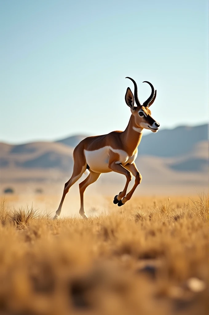 An ultra-realistic 4K image of a pronghorn antelope galloping through an open plain. Its lean, agile body stretches forward as it leaps over dry grasses, with its fur gleaming in the sunlight. The background captures a wide savannah, with rolling hills in ...