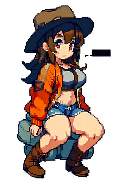 1 female, brown long anime hair, huge breast, teenage girl, brown eyes, thick eyebrows, cowgirl clothes, cowboy hat, jean short, jacket, boots, house, thick ass, bedroom, sitting down