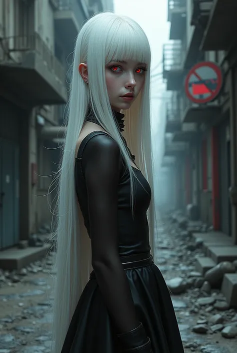 Time Travel, In the gloomy alleyway of a post-apocalyptic city scape, a vividly detailed, 8K hyper-realistic digital painting, their distinctive dark punk style cutting a sharp contrast against the drab surroundings, The towering girl exhibits an ethereal ...