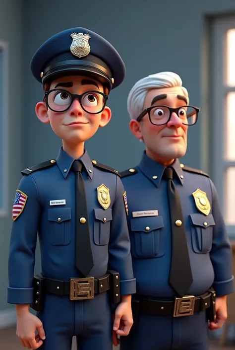 The image is a 3d animated illustration of a young man in a police uniform with an American flag on his chest. He is wearing a blue cap with a badge on it and glasses. He has a serious expression on his face and is looking directly at the camera. Behind hi...