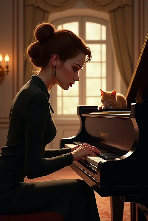 The face of a  turns to look at the piano in a luxurious room with soft light shining in. A little cat is sleeping on the piano.