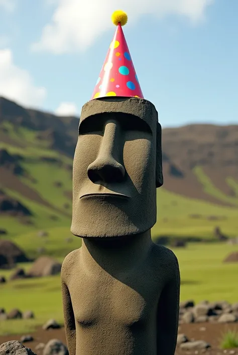 A moai celebrating his birthday With a birthday party hat