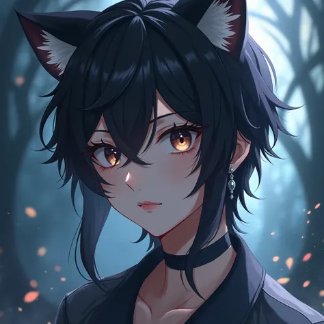 Anime boy Long hair, black hair, cat ears, earrings, 